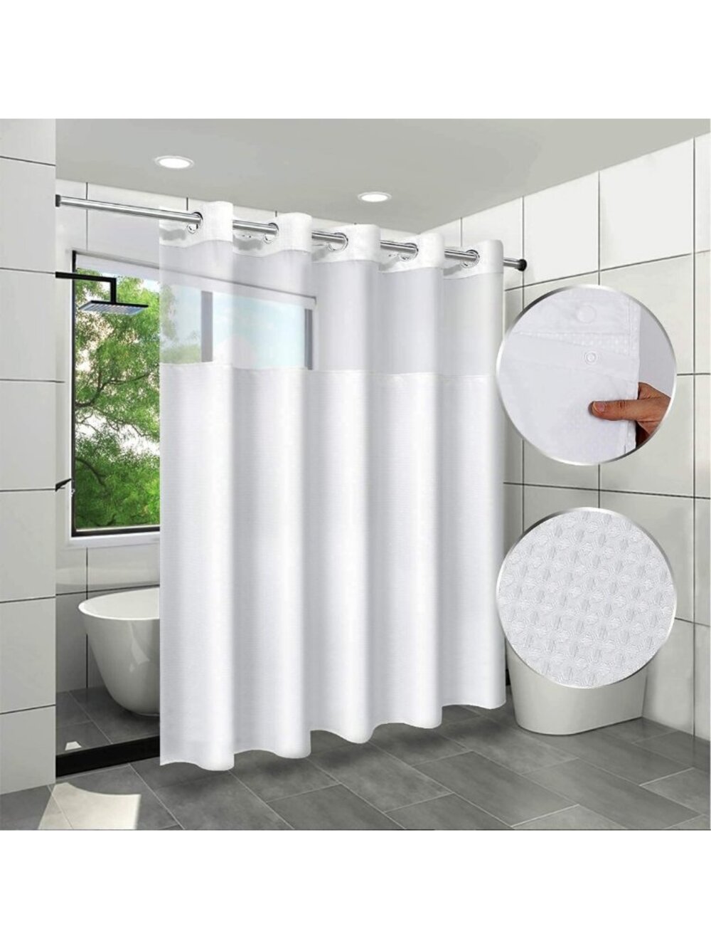 Stylish Hookless Shower Curtain with Snap-in Liner, Waffle Weave Design